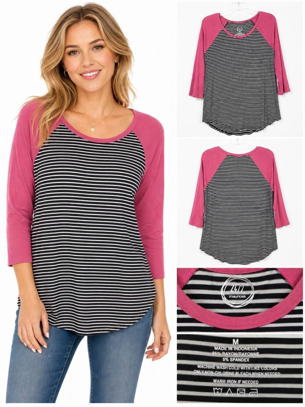 Maurices 24/7 Pink Black Stripe Raglan Top Medium